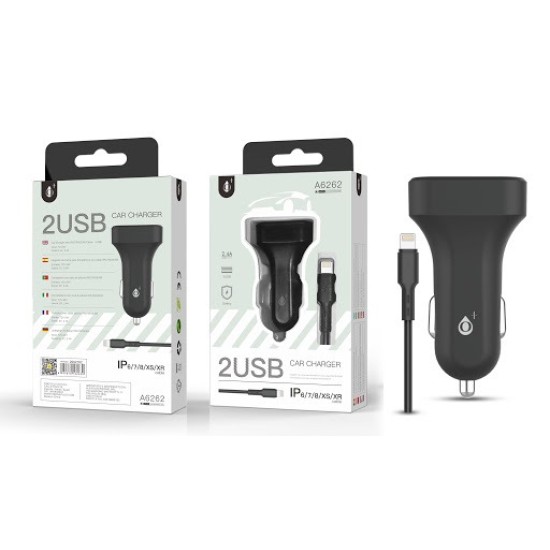 ONE PLUS A6262 CAR LIGHTER CHARGER WITH IP6 / 7/8 / XS / XR CABLE, 2USB, 2.4A PRETO ( 2002181 ) ONE PLUS A6262 CAR LIGHTER CHARGER WITH IP6 / 7/8 / XS / XR CABLE, 2USB, 2.4A PRETO ( 2002181 )